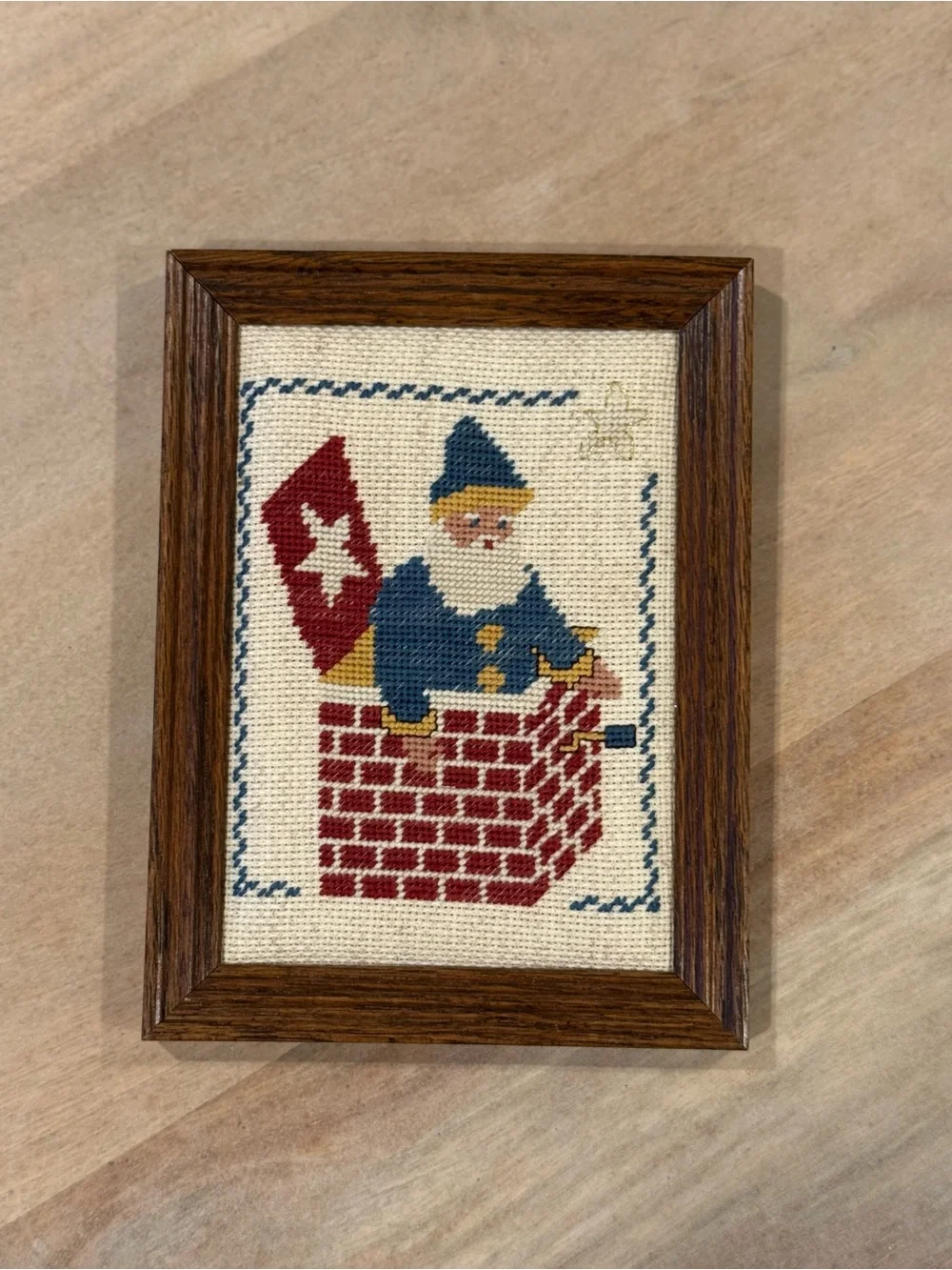 Christmas in July- Homespun Collectibles Framed Santa Cross-Stitch - Red & Navy